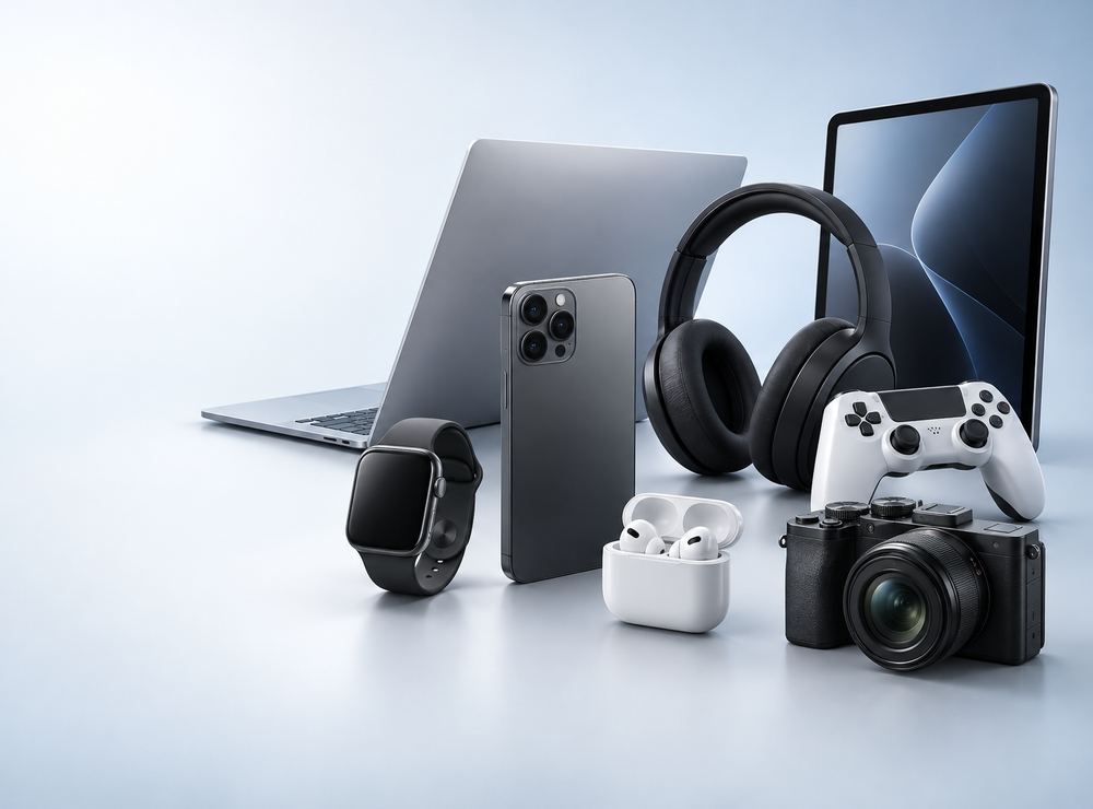 Smartphone, laptop, smartwatch, earbuds, headphones, game controller, camera and tablet